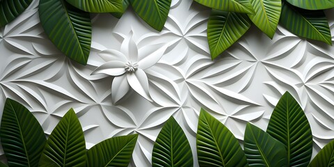 Wall Mural - 3D white geometric floral tiles wall texture with tropical leaves background. Concept Wall Texture, Geometric Design, Floral Tiles, Tropical Leaves, 3D Rendering