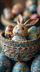 Wall Mural - A basket with a rabbit sitting in it next to some painted eggs, AI