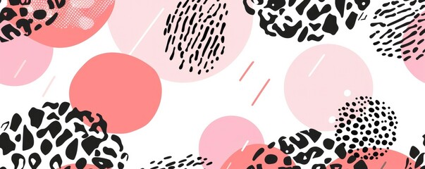 Wall Mural - Abstract seamless pattern with leopard skin print, pink circles and line textures on a white background