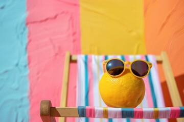 lemon fruit chilling in beach chair on the blue and yellow background. summer vacation concept. sung