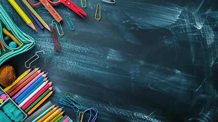 A colorful collection of school supplies on an empty chalkboard background