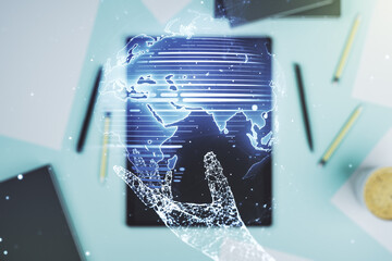 Wall Mural - multi exposure of abstract creative digital world map and digital tablet on background, top view, re