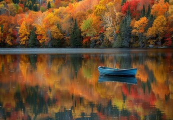 Sticker - A serene lake reflects the surrounding autumn foliage, with a small rowboat gently drifting in the water. This tranquil scene captures the beauty of fall, ideal for seasonal and landscape content.
