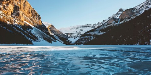 Icy mountain lake, close focus on frosty edges, stark contrast against deep blue water, clear skies. 