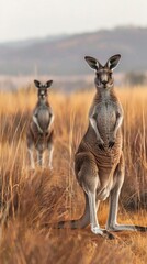 Kangaroos are standing attentively on brown grass field