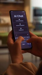 Coder using AI chat bot as programming aid. Artificial intelligence writes PHP code and helps human at his work. Fictional Interface, vertical video.