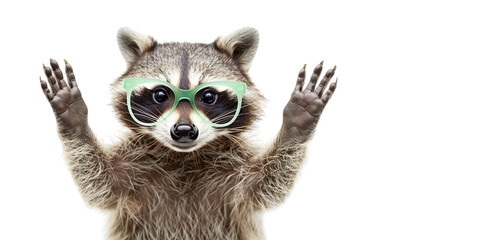 Wall Mural - raccoon in green glasses on a white background