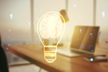 Poster - Creative light bulb with human brain hologram on modern laptop background, artificial Intelligence and neural networks concept. Multiexposure