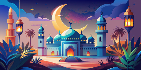 A colorful, dreamy illustration of a mosque under a crescent moon with beautiful surrounding lanterns and stars. It conveys peace and spirituality under a night sky