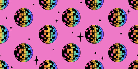 Disco ball seamless pattern vector illustration. Club decoration element ornament with sparkles. Party sparkling rainbow sphere. Design for textile, fabric, background, pride month print.