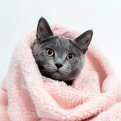 Wall Mural - cute grey cat in a pink towel on a white background