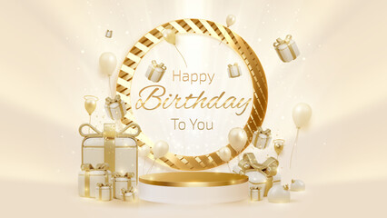 Wall Mural - elegant birthday scene featuring golden gifts and balloons with a luxurious backdrop, perfect for ce