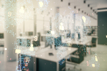 Wall Mural - double exposure of social network icons interface and world map on a modern furnished office interio
