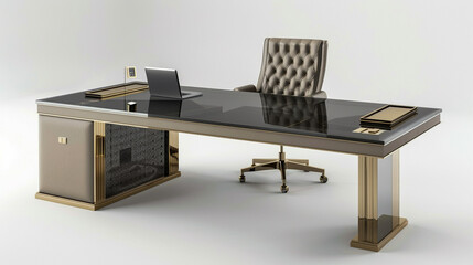 Wall Mural - Contemporary executive desk with a dark glass surface and brass accents, isolated on white background.