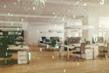 Wall Mural - multi exposure of abstract software development hologram and world map on modern corporate office ba
