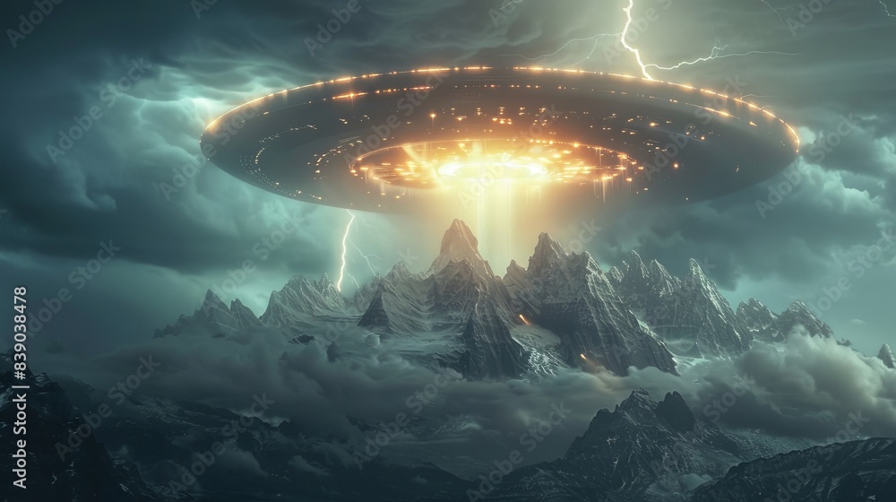 A massive UFO emerging from storm clouds above a jagged mountain range ...