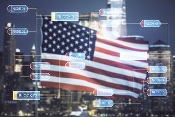 Wall Mural - multi exposure of abstract creative coding sketch on usa flag and blurry cityscape background, artif