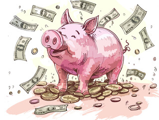 Wall Mural - Animated Piggy Bank Overflowing With Abundance: A Symbology Of Financial Savings And Success