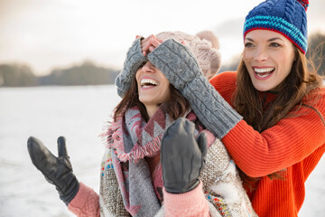 Wall Mural - Playful friends on frozen lake