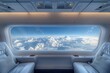 © Kmikhidov - Panoramic view from the expansive window of a hypersonic airliner, fluffy white clouds with a bright blue sky above. Sleek interior of the aircraft, with two comfortable seats on either side
