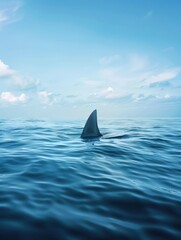 A small shark fin in the middle of an ocean with vast blue sky background