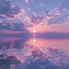 Wall Mural - Beautiful sea with calm water with clouds in pink and purple sky