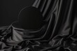 © Pixel Anjali - Empty round platform podium on beautiful black color background with drapery and wavy folds of silk satin material. Mock up monochrome background for cosmetic product presentation. Top, Generative AI