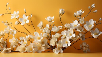 Soft white jasmine petals spread across a pastel yellow background, their simplicity enhanced by the subtle backdrop