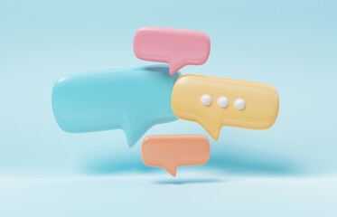 Wall Mural - Minimalist blue red and yellow speech bubbles talk icons floating over background. Modern conversation or social media messages with shadow. 3D rendering