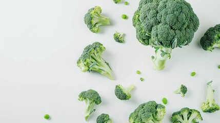 Poster - A whole broccoli crown with smaller florets around it on a white background, showcasing their natural beauty.