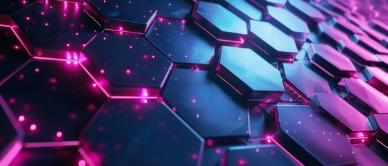Poster - Abstract futuristic luxurious digital geometric technology hexagon background banner illustration 3d - Glowing neon blue pink hexagonal 3d shape texture wall