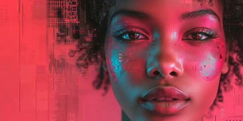 Wall Mural - A close-up portrait of a womans face bathed in pink and blue light, with a digital abstract background