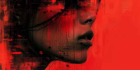 Wall Mural - A digital portrait of a woman with red background and geometric patterns overlaying her face