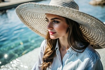 Summer vacation on the beach, Close-up of a beautiful woman in a straw hat. Summer time. Rest and vacation, a place to copy.
