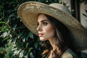 Summer vacation on the beach, Close-up of a beautiful woman in a straw hat. Summer time. Rest and vacation, a place to copy.