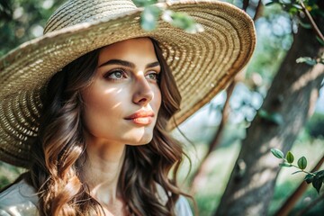 Wall Mural - Summer vacation on the beach, Close-up of a beautiful woman in a straw hat. Summer time. Rest and vacation, a place to copy.