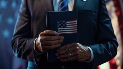 A close-up of a Republican National Convention attendeea??s hands holding a program guide and a small American flag.