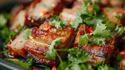 Wall Mural - Close-up of Thai dish, showcasing the crispy pork belly pieces and fresh herbs