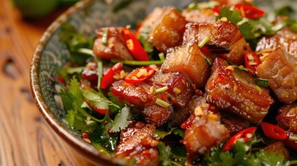 Wall Mural - Close-up of Thai dish, showcasing the crispy pork belly pieces and fresh herbs