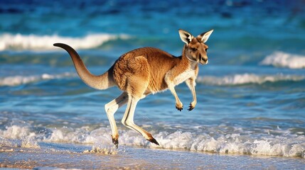 Wall Mural - Kangaroo jumping over the beach on sunny day with clear blue ocean in the background