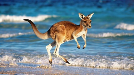 Canvas Print - Kangaroo jumping over the beach on sunny day with clear blue ocean in the background