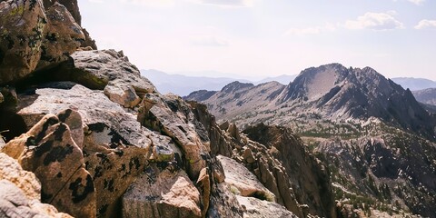 Poster - Granite mountain peak, intricate details of stone surface, soft diffused light, eye-level camera angle.