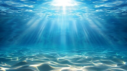 Serene underwater tropical ocean scene with sandy seabeds and summer sun rays.