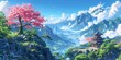 © AIExplosion - Anime background of a Japanese landscape with cherry blossoms, mountains, waterfalls and a sacred temple.