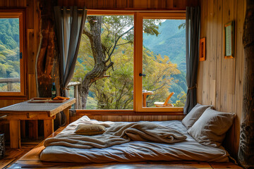 Wall Mural - A room with a bed, table, and window, offering both comfort and scenery.