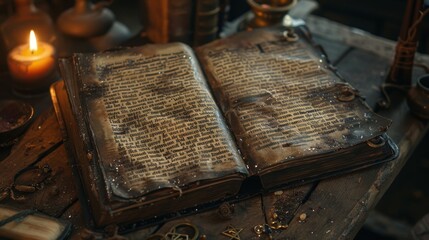 Ancient open book on an old wooden table with a candle and scattered objects, evoking a sense of mystery and history in a vintage setting.