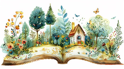 Wall Mural - An open magic fairy tale book with a house in the forest