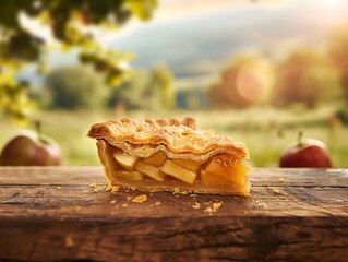 A piece of apple pie on a wooden table with nature view