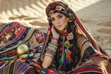 Wall Mural - Beautiful young woman with bright make-up and multicolored shawl sitting in the desert