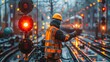 © anatolii - Line worker performing maintenance on railway signals. Busy train yard.